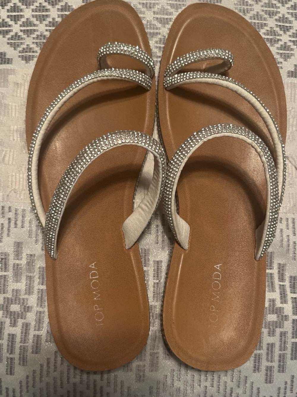 TOP Moda Tan Sandals with Silver Rhinestone Straps